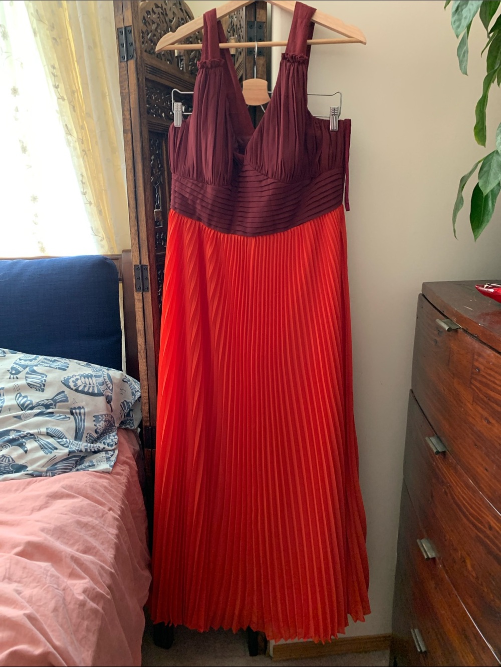 Moulinette Soeurs Two-Tone Pleated Maxi Dress - Burgundy & Red
